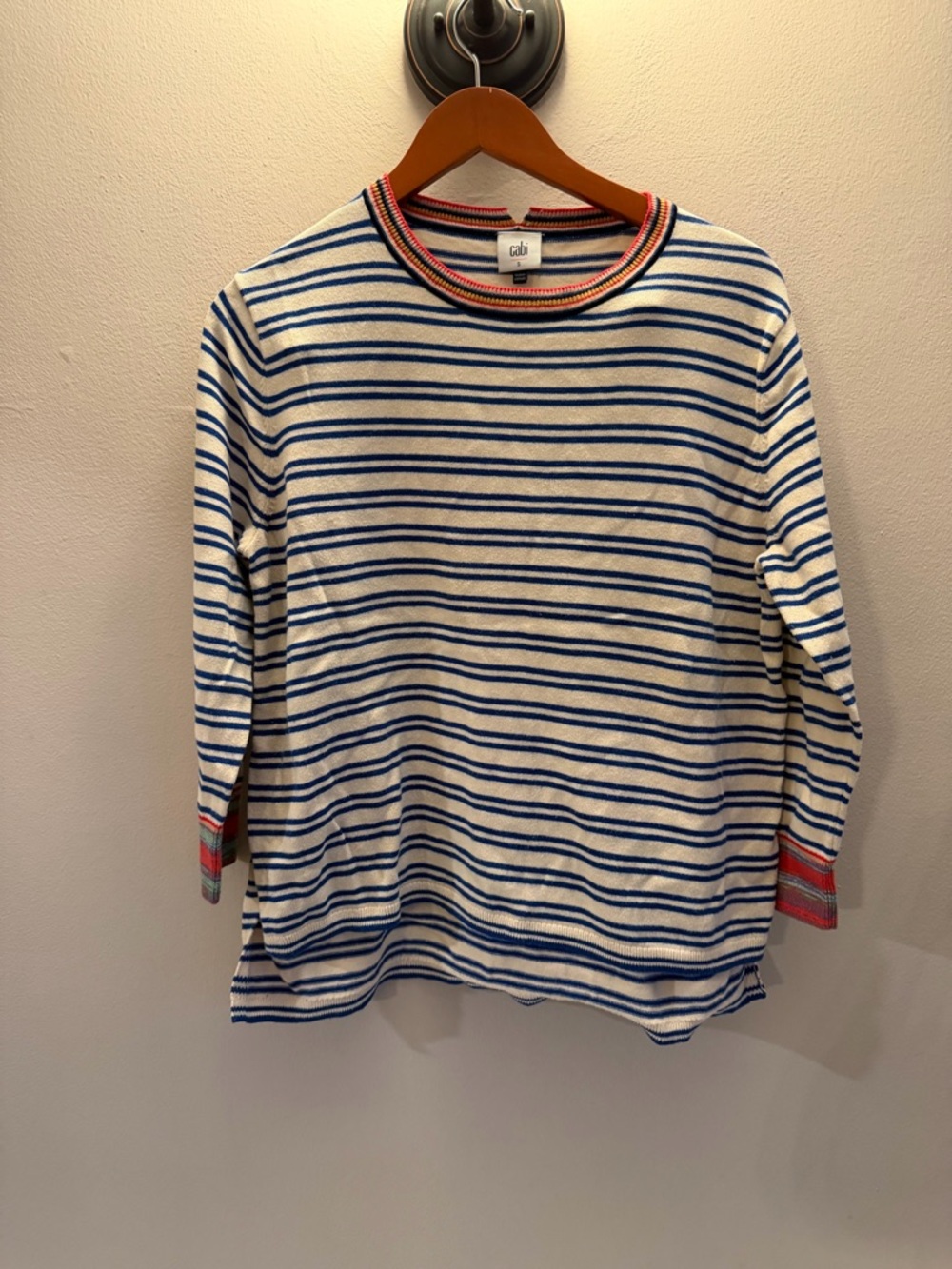 Cabi Striped Crew Neck Sweater Blue White Rainbow Trim Long Sleeve Small 5612